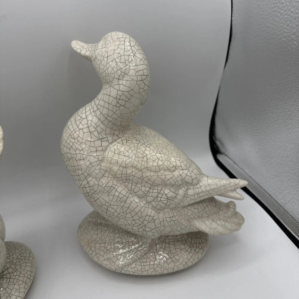 Vtg Set Of 2 Ducks Crackle Glaze Ceramic Statues Farm Decor White Mallard Large